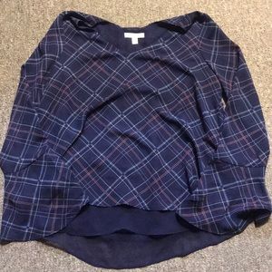 Blue plaid blouse with lace detail